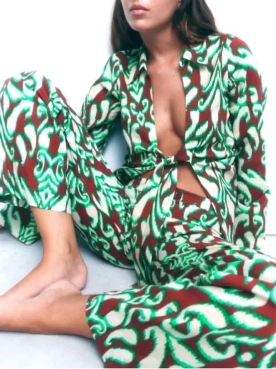 Zara Brown & Mint Patterned Tie-Front Blouse - Picture 2 of 4